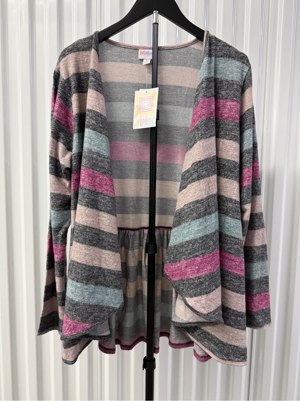 NWT LuLaRoe Nanette Cardigan Small Stripe Open Front Ruffle Hem Duster‎ SKU 0028
